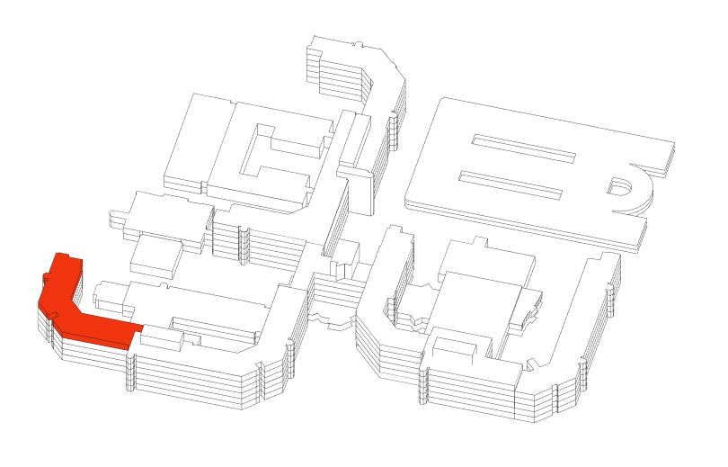 Illustration einer Gebäudestruktur mit hervorgehobener, roter Eckkante am unteren linken Bereich.