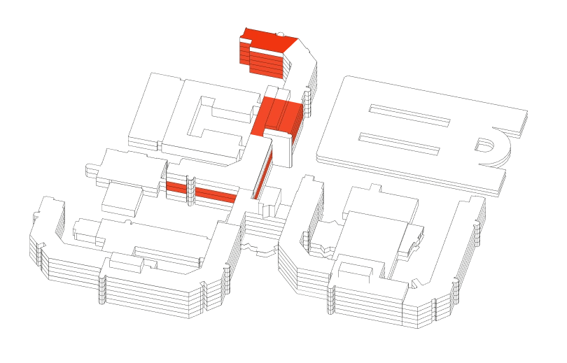 Explosionszeichnung eines Bauteils mit hervorgehobenen roten Komponenten, inklusive einer Abdeckung, eines Stabes und einem blockartigen Element, mit schwarzen Linien zur Veranschaulichung der Verbindungen.
