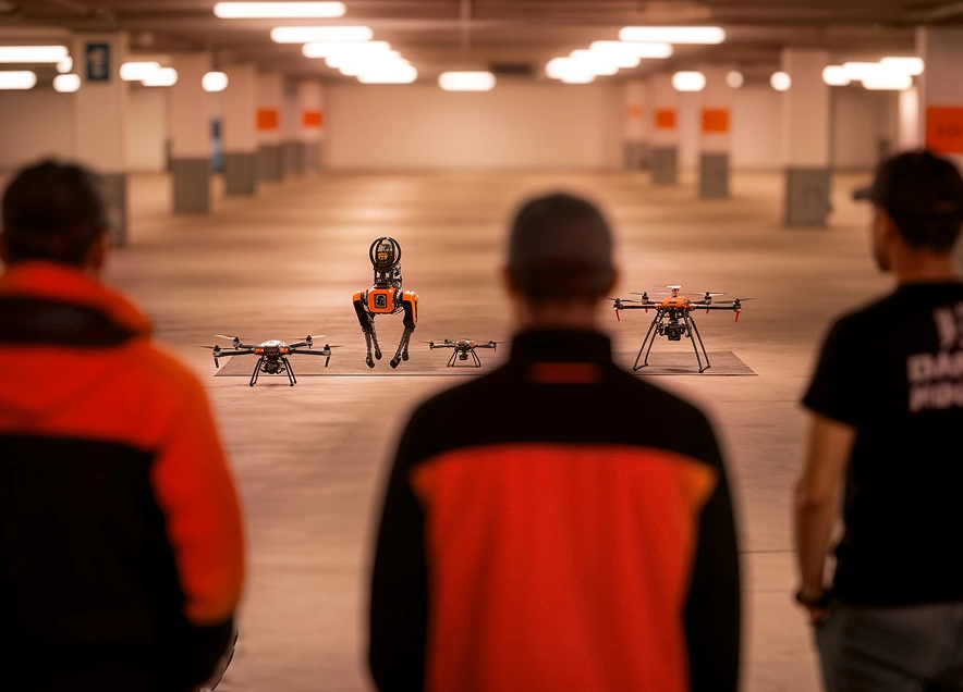 Drei Personen betrachten in einer großen Halle vier verschiedene Drohnen, darunter eine mit Beinen in der Luft.