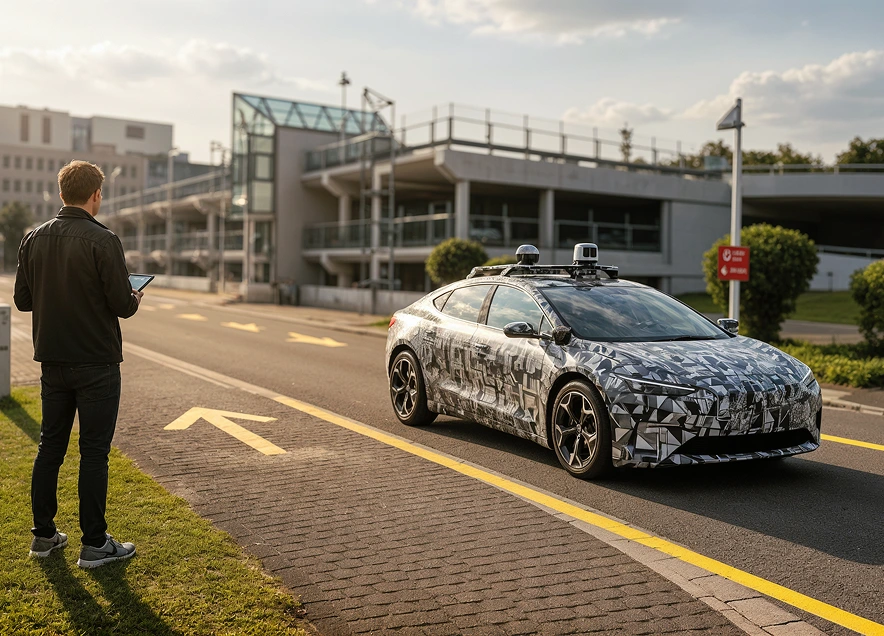 Ein Mann mit einem Tablet steht am Straßenrand und beobachtet ein mit Camouflage-Muster versehenes autonom fahrendes Auto auf der Straße.
