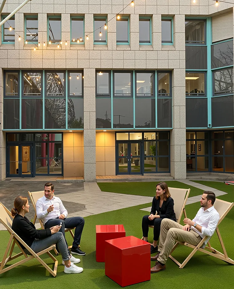 Vier Personen sitzen auf Liegestühlen auf einer grünen Rasenfläche vor einem modernen Bürogebäude und unterhalten sich.