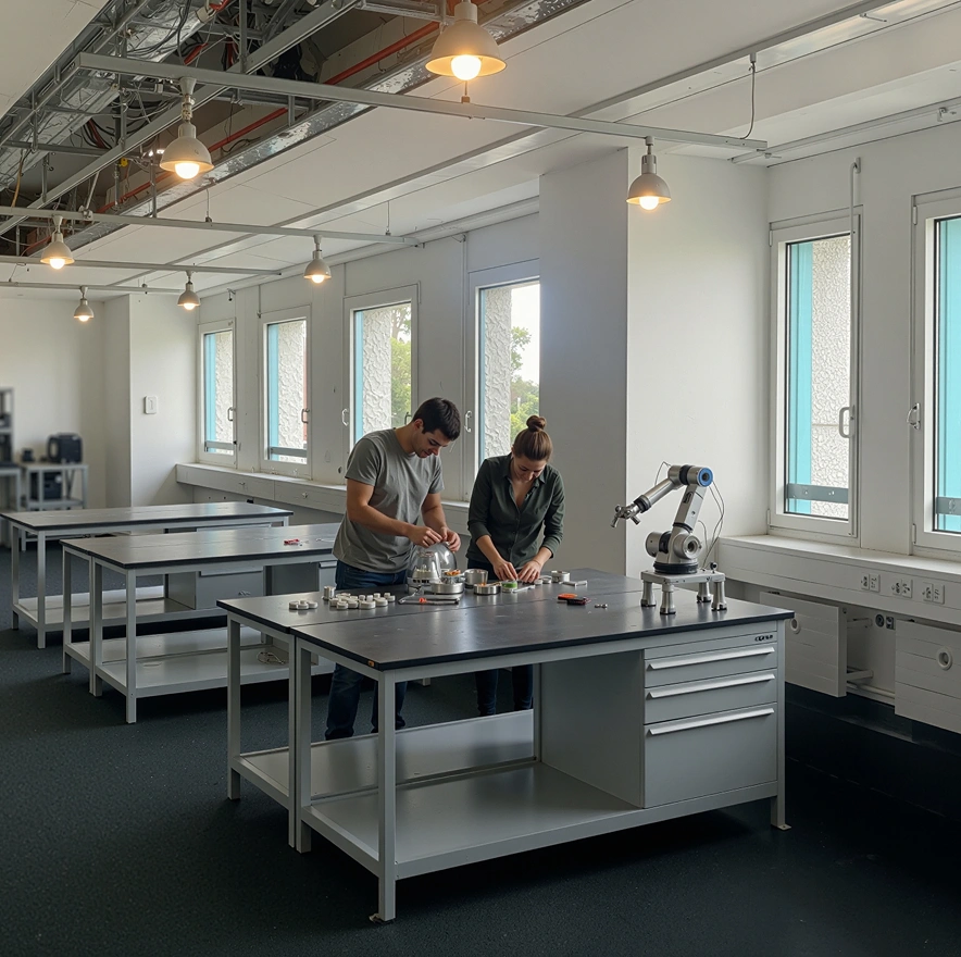 Zwei Personen arbeiten an einem Tisch mit technischen Bauteilen und einem Industrieroboterarm in einem hellen Laborraum.