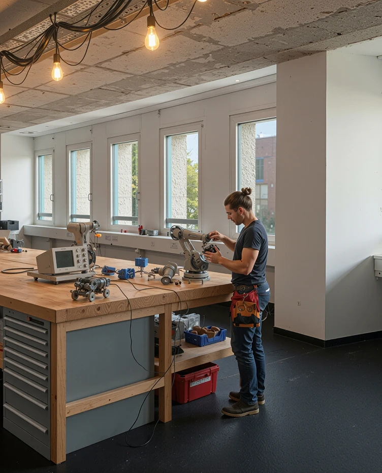 Junger Mann mit Werkzeuggürtel, der an einem Roboterarm in einem modernen Workshop mit großen Fenstern arbeitet.