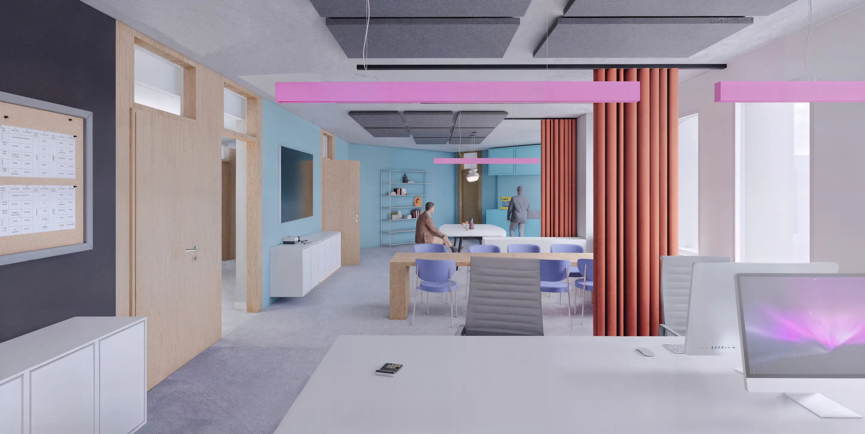 Moderner Büroraum mit weißen Schreibtischen, lilafarbenen Stühlen, rosa Hängelampen und zwei Personen im Hintergrund.