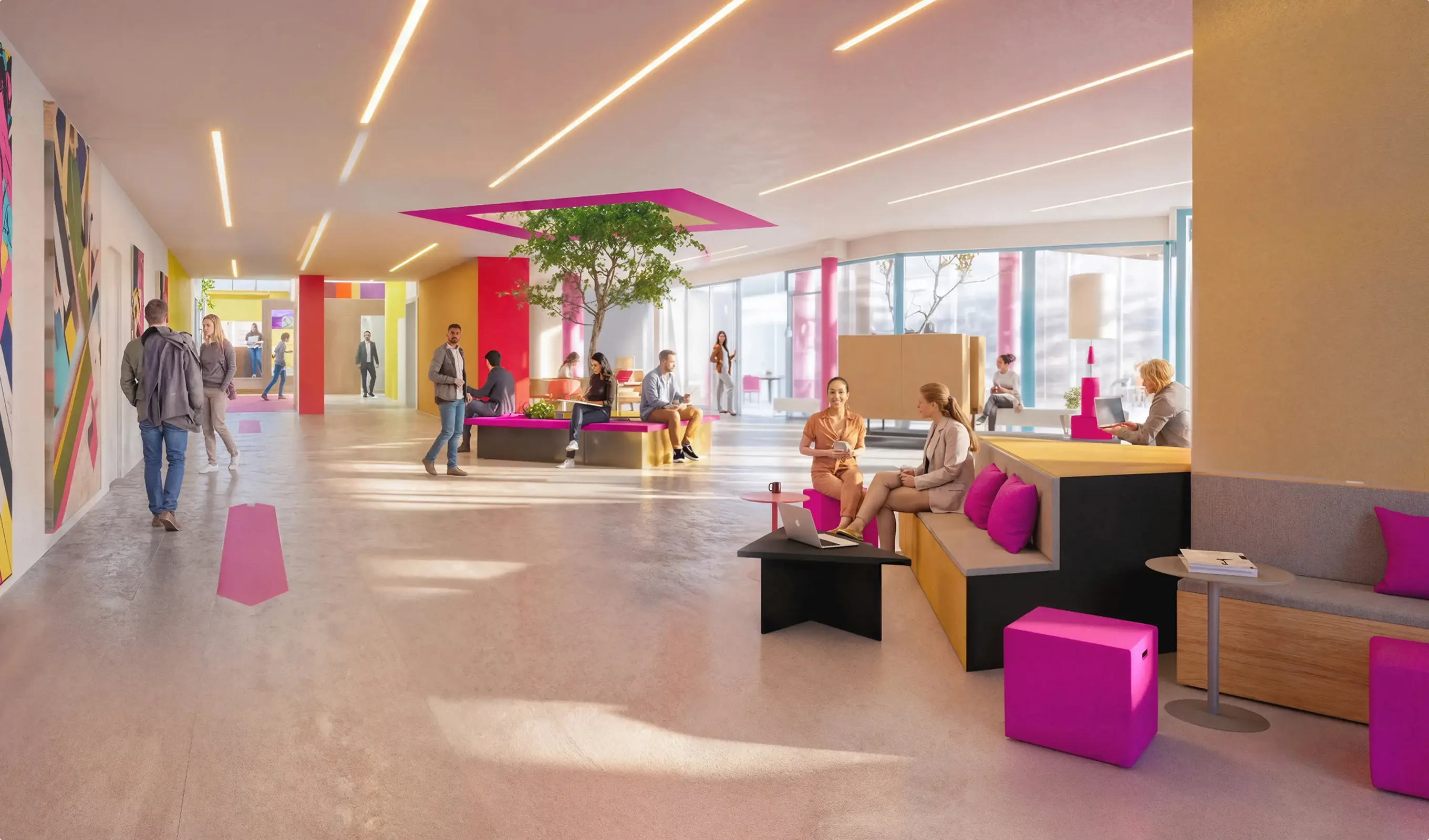 Moderner heller Gemeinschaftsraum mit mehreren Menschen, die auf bunten Sitzmöbeln sitzen und sich unterhalten, mit großen Fenstern und grünen Pflanzen.