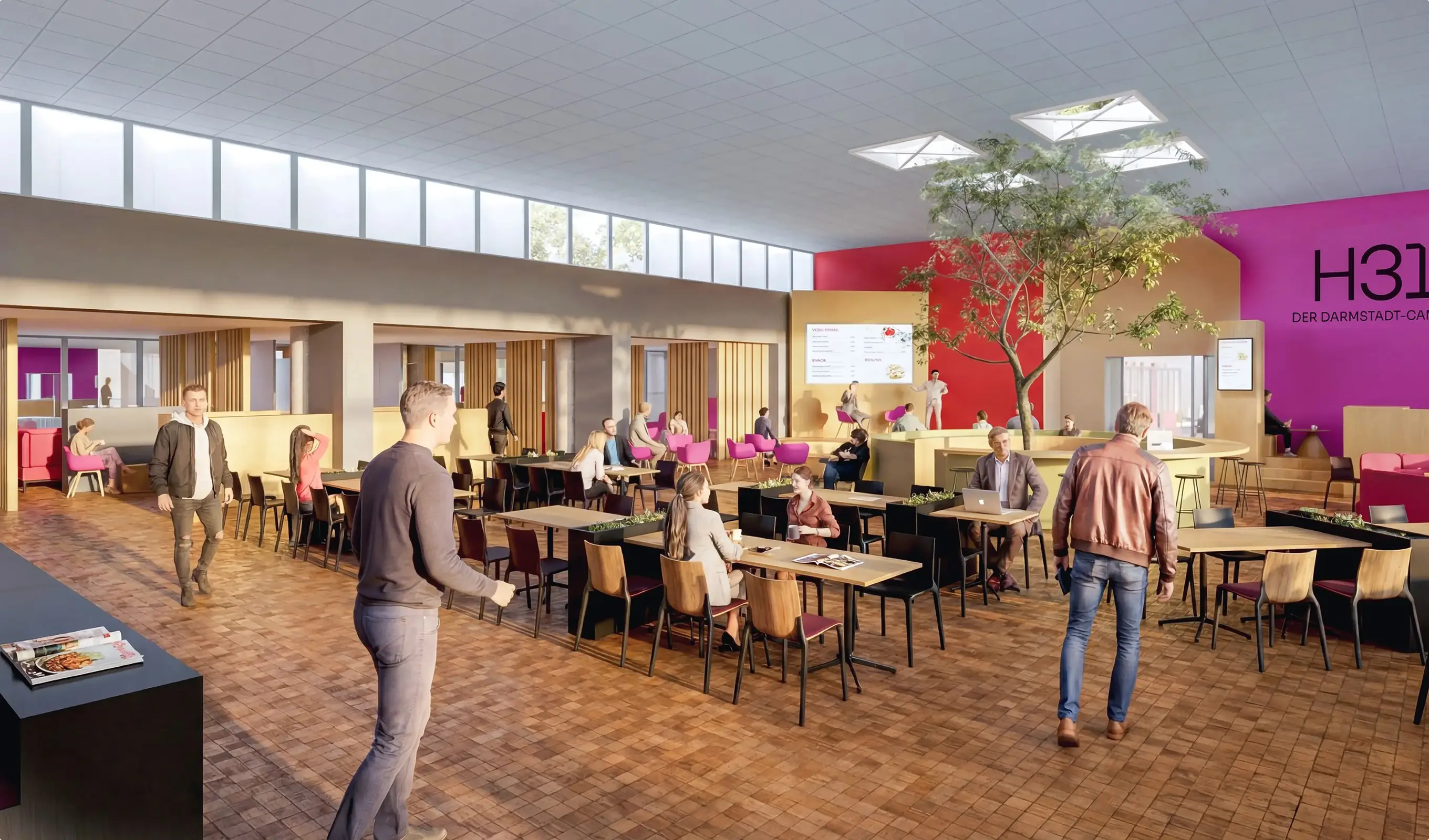 Moderner Gemeinschaftsbereich mit Tischen, Stühlen, einer großen Pflanze in der Mitte und mehreren Personen, die arbeiten und sich unterhalten.