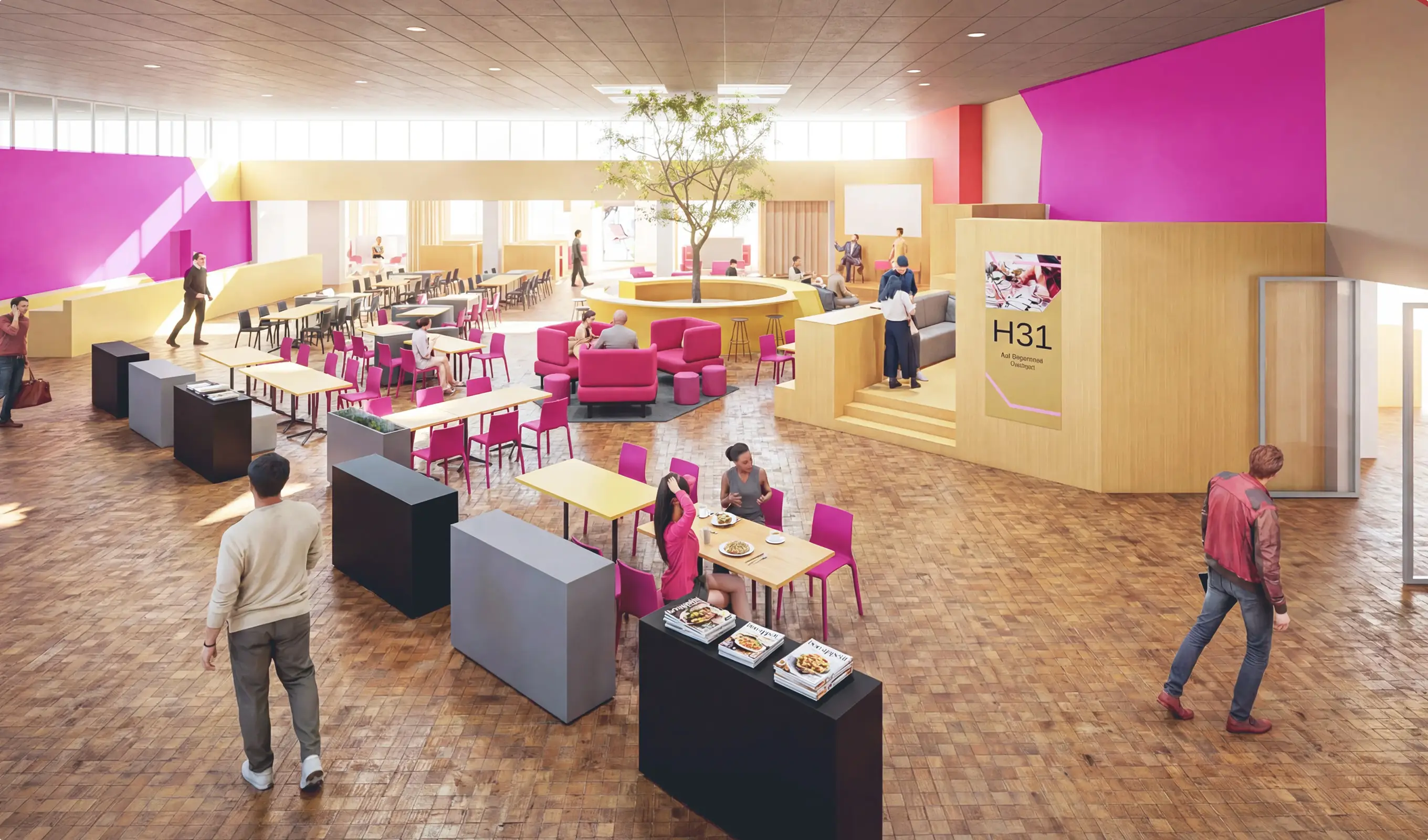 Helle, moderne Cafeteria mit pinken Stühlen, Holzböden, Sitzgruppen und Menschen beim Essen und Unterhalten.