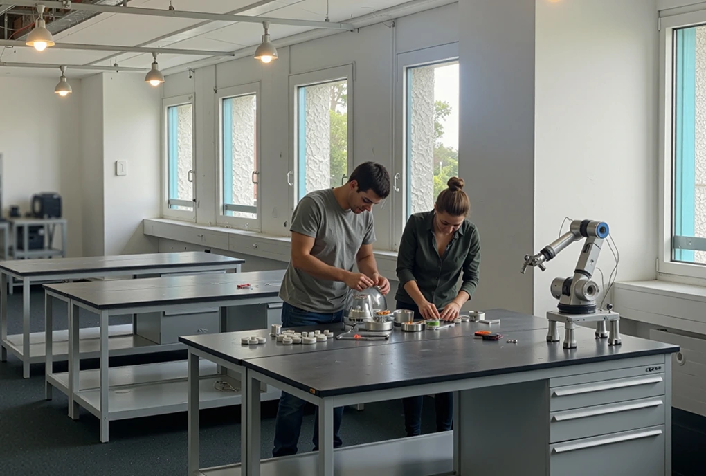 Zwei Personen arbeiten an einem Laborarbeitsplatz mit Robotikarm und verschiedenen technischen Bauteilen.