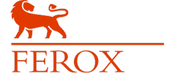 Logo mit einem roten Löwen über dem Wort "FEROX" und einer horizontalen Linie.